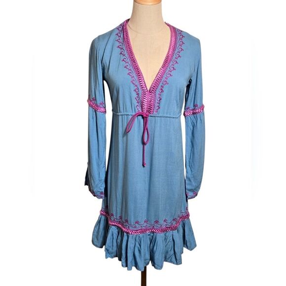 Moda International Boho Blue Ruffled Tie Front MINI Sundress - Picture 1 of 6